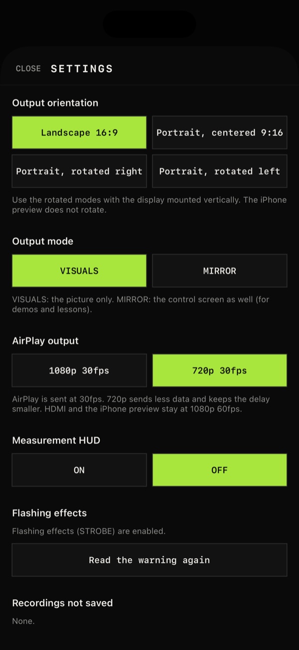 Settings: output orientation, output mode and AirPlay output